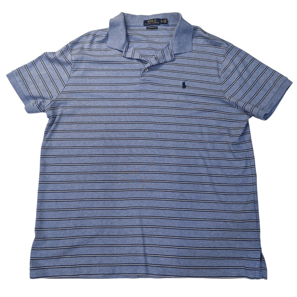 Polo Ralph Lauren Custom Fit Blue White Striped 1/4 Button Polo Men's Size XL